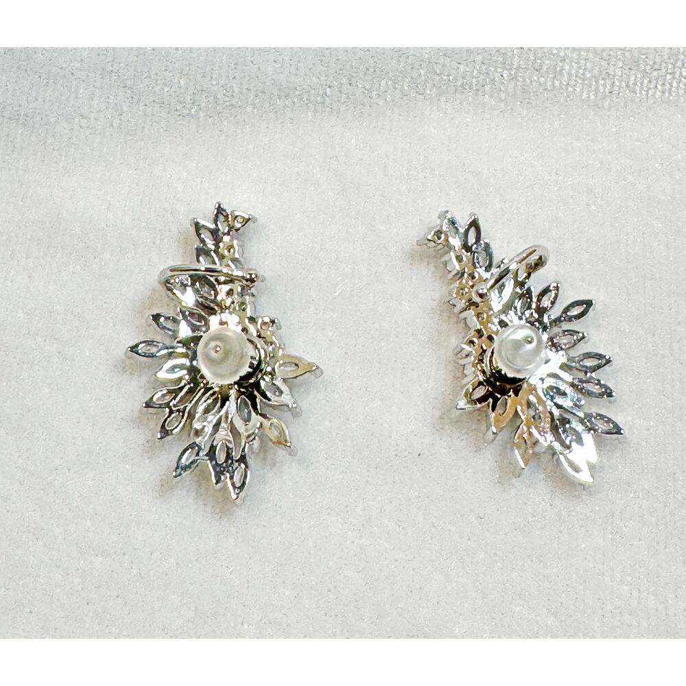 Rhinestone Floral Climber Earrings Silver Wedding Crystal Leaf Vine Posts E288 - Picture 2 of 3